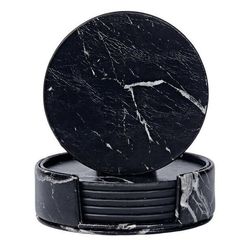 6-pakke med reversible glassbaser svart marmor PU med holder