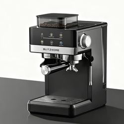 BlitzHome® CM5520 Portafilter Espressokone 20 Bar 1350W Jauhimella, Kosketusnäytöllä, Esilämmityksen Merkinnällä ja 1,8 L Vesisäiliöllä - Musta