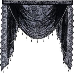 Moorle Floral Vintage Curtain Semi-Transparent Lace Curtain with Pearl Tassel Decoration Wave Sheer Curtain with Rod Pocket Design