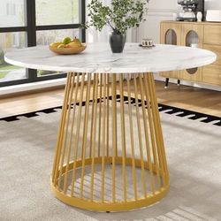 Rund esstabel (80x80x76 cm) med marmoriserad bordsskiva, metallben i guld, perfekt för kök och vardagsrum – Kaffebord för 4 personer