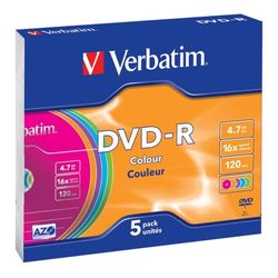 Verbatim DVD-R, 16x, 4,7 GB/120 min, 5-pack slim case, AZO, farvede