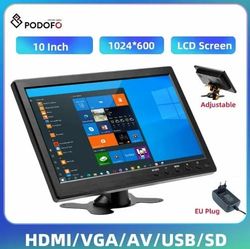Podofo 10,1" LCD HD-skærm, mini-tv og computerhøjttaler, HDMI VGA-skærm, farveskærm, bilbackupkamera og sikkerhedssystem til hjemmet