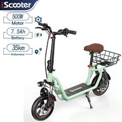 iScooter i12 Commuter Electric Scooter - 12 tums däck 500W motor, inbyggt säte, 35 km räckvidd, 120 kg last, grön