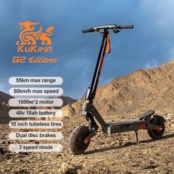 KuKirin G2 Ultra 10” elscooter med dubbla 1000W motorer, 18Ah batteri, Bluetooth-högtalare, integrerad pekskärm, justerbara LED-strålkastare
