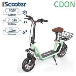 Pendlercykel el-scooter iScooter i12 - 12 tommer dæk 500W motor, indbygget sæde, rækkevidde 35 km, 120 kg last, grøn