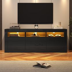 160cm tv-bord, velegnet til 70 tommer tv - med LED - 2 låger, 2 skuffer, 3 åbne rum - sort