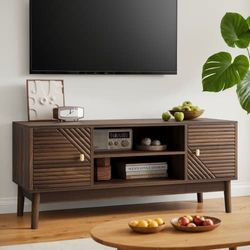 110 cm TV-bänk, Mid-Century Modern för 32-45 tum TV, Mediamöbel med förvaring för vardagsrum och sovrum, Walnöt