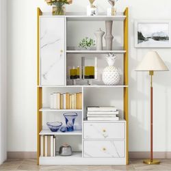 Bokhylla med 6 hyllor, dörrar och lådor, industriell ståldesign, vit marmor med guldram