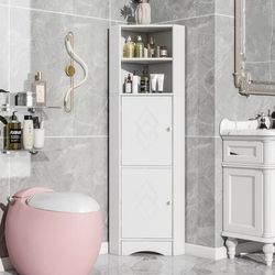 Hörnskåp för badrum – vitt badrumsskåp med 2 hyllor och justerbar insats – 36,5x36,5x155 cm