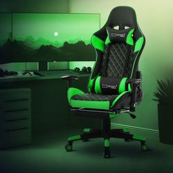 ML-Design Gaming Stol med fodstøtte; Grøn; Kunstlæder; Ergonomisk kontorstol med armlæn; Nakkestøtte; Lændepude; Justerbar drejestol; Høj ryglæn;