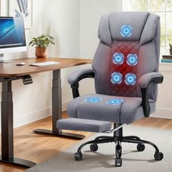 Massagestol för kontor med värme och 7 vibrationspunkter, 180° lutning, fotstöd, 200 kg viktkapacitet, chefsstol för långa personer, grå