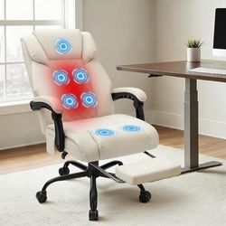 Massagestol för kontor med värme och 7 vibrationspunkter, 180° lutbar, fotstöd, 200 kg viktkapacitet, chefsstol för långa personer, beige