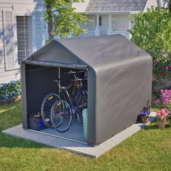 Grå cykelgarage 160x220x165 cm med rulleport vandtæt PE haveskur til cykler og haveredskaber