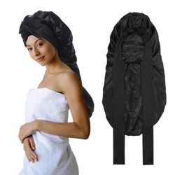 OBOSOE Satin hue til nat, lang satin hue med elastik kant, blød hårhætte til langt krøllet hår