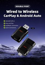 Ny 2025 2-i-1 CarPlay & Android Auto Adapter – Från kabel till trådlös, Dual Port (USB & Type-C), Bluetooth 5.2 + WiFi 5GHz, Stabil anslutning utan fö