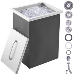 Iskylare i rostfritt stål, 14"L x 12"B x 18"H, 40 qt, med lock, avloppsrör och plugg, perfekt för vinöl och utomhuskök.