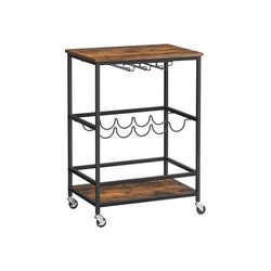 Köksvagn på hjul, Serveringsvagn med glas - och flaskhållare, 60x40x75 cm – Industriell vintage brun - svart, LRC087B01