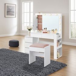 Sminkbord med LED-belysning, sminkbord med spegel, smyckeskåp