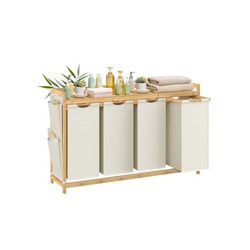 SONGMICS tvättkorg 4 fack 4 x 50 L 124,6 x 33 x 78 cm krämvit