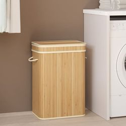 SONGMICS Tvättkorg med lock, tvättkorg i bambu, tvättpåse med handtag, avtagbar och tvättbar i maskin