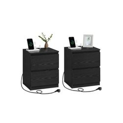 VASAGLE nattduksbord, 2-pack med uttag och lådor, ebenholts