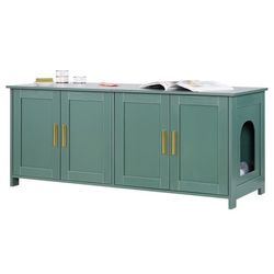 Kattebakkeskab - Skjult kattebakke med sidebord - 120 cm - 4 Døre - 2 Indgange - Til flere katte - Passer til de fleste kattebakker - Træ - Grøn