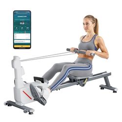 Romaskine - Magnetisk - 16-Trins Støjsvag Modstand - Foldbar - Dobbelt Glideskinne - 158 kg Brugervægt - Bluetooth App & LCD-skærm - Til Hjemmet
