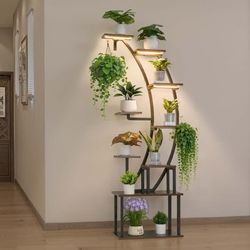 Plantestativ indendørs med vækstlys - Hjørne plantehylde - 9 hylder - 160 cm høj - 3 timere - 10 lysstyrker - Metal - Kurvet design