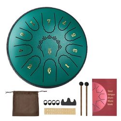 Ståltungetromme - Tank Drum - 11 Noder - D-dur - Ø16,5 cm - Inkl. Nodebog og Køller - Begyndervenlig - Til Meditation og Yoga - Grøn