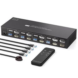 NÖRDIC KVM 4x2 Kytkin 4PC kahdelle näytölle HDMI & DP 8K60Hz, 1x3.5mm ja 4xUSB-A