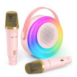 Karaokemaskin, Bärbar Bluetooth Mini Karaoke-högtalare med 2 mikrofoner, ljus och ljud för flickor, pojkar, vuxna, födelsedagspresenter (rosa)