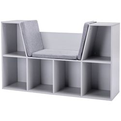Barnbokhylla med sittpall, 6 fack, sittbänk med 3 kuddar, leksakskista, grå, 103×30×62 cm