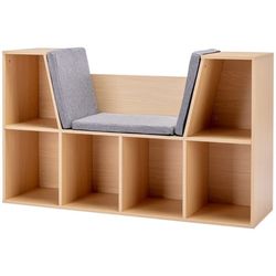 Barnbokhylla med sittpall, 6 fack, sittbänk med 3 kuddar, leksakskista, grå/natur, 103×30×62 cm