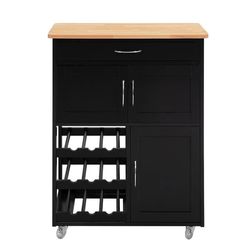SoBuy Køkkenvogn med hjul, skuffer og vinhylde – Kompakt køkkenø | Sort 67x38x86cm FKW45-SCH
