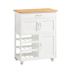 SoBuy Køkkenvogn med hjul, skuffer og vinhylde – Kompakt køkkenø | Hvid 67x38x86cm FKW45-WN
