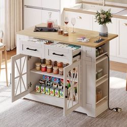 Køkkenø 120 cm med sammenklappeligt spisebord, åbne hylder, AC- og USB-stik, glaslåge, justerbart laminat, hjul med bremse, til køkken
