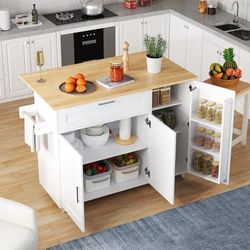 Stor mobil køkkenø 132,5x44(70)x90 cm, sammenklappelig bordplade, egetræsmønster, multifunktionelt skab med krydderihylde og håndklædehylde, 5 hjul