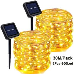 2PCS 30M 300LED Solar Fairy Lights Utomhus String Lights Vattentät 8 lägen Koppar tråd blinkande ljus för trädgård bröllop fest inredning