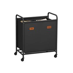 Tvättkorg med hjul och 2 fack – Stål och tyg – Bläcksvart