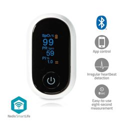 SmartLife Pulsoksymeter | Bluetooth | OLED-Skjerm | Anti-bevegelse interferens / Auditiv alarm / Oksygenmetning (SpO2) / Perfusjonsindeks / Puls / Sen