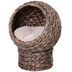 Rattan Cat Basket Koselig Kattehule Med Pute, Kjæledyrseng Laget Av Vannhyasint, Mørkebrun, 42X33X52Cm