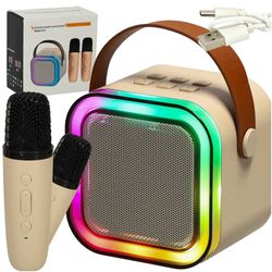 Karaokesett 2 mikrofoner + bærbar høyttaler BLUETOOTH USB LED beige