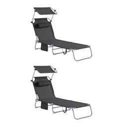 SoBuy 2 x Sammenklappelig Solseng med Nakkepude & Justerbar Solskærm – Til Terrasse & Have | Sort OGS48-SCHx2
