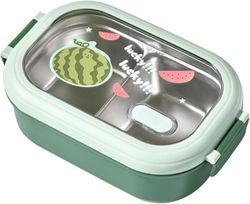 Bærbar madkasse, lækagesikker madkasse, delt madkasse med 2 rum, isoleret madkasse i rustfrit stål til voksne, børn, kontor og skole (grøn)