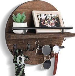 Colgador de llaves de pared de 11.8 pulgadas con estante y 6 ganchos – Organizador redondo de madera estilo bohemio para entrada, pasillo y cocina