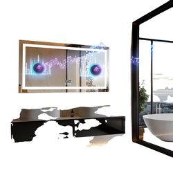 LED Badeværelsesspejl, Bluetooth Højttaler, Anti-dug Funktion,Lys grå