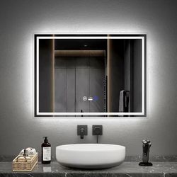 EMKE Smart LED Badeværelsesspejl, 80x60 cm, Bevægelsessensor, Touch-kontakt, 3 Lysfarver, Justerbar Lysstyrke, Anti-Dug, Vandret/Lodret, IP44