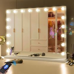 VANITII Hollywood Makeup Spejl med Belysning Bluetooth Bordplade Vægbeslag Metal Hvid 80x58 cm