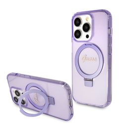 Guess iPhone 15 Pro Kuori Ring Stand Glitter MagSafe Violetti