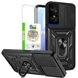 For TCL 50 SE Hybrid Armor Case Shockproof Ring Stand Phone Cover+Tempered Glass Black